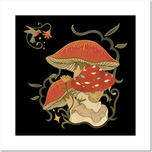 Vintage Mushroom Flower With Hummingbird Posters and Art